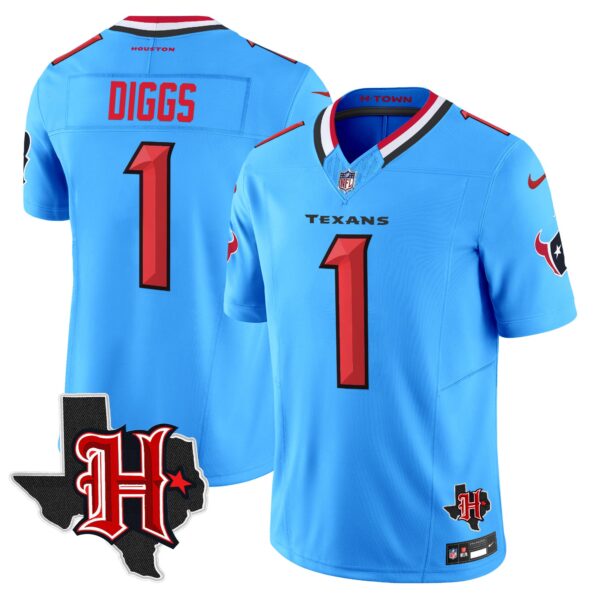 Houston Texans 2024 Texas Patch Vapor Limited Jersey V5 – All Stitched – Blue – Stefon Diggs Jersey