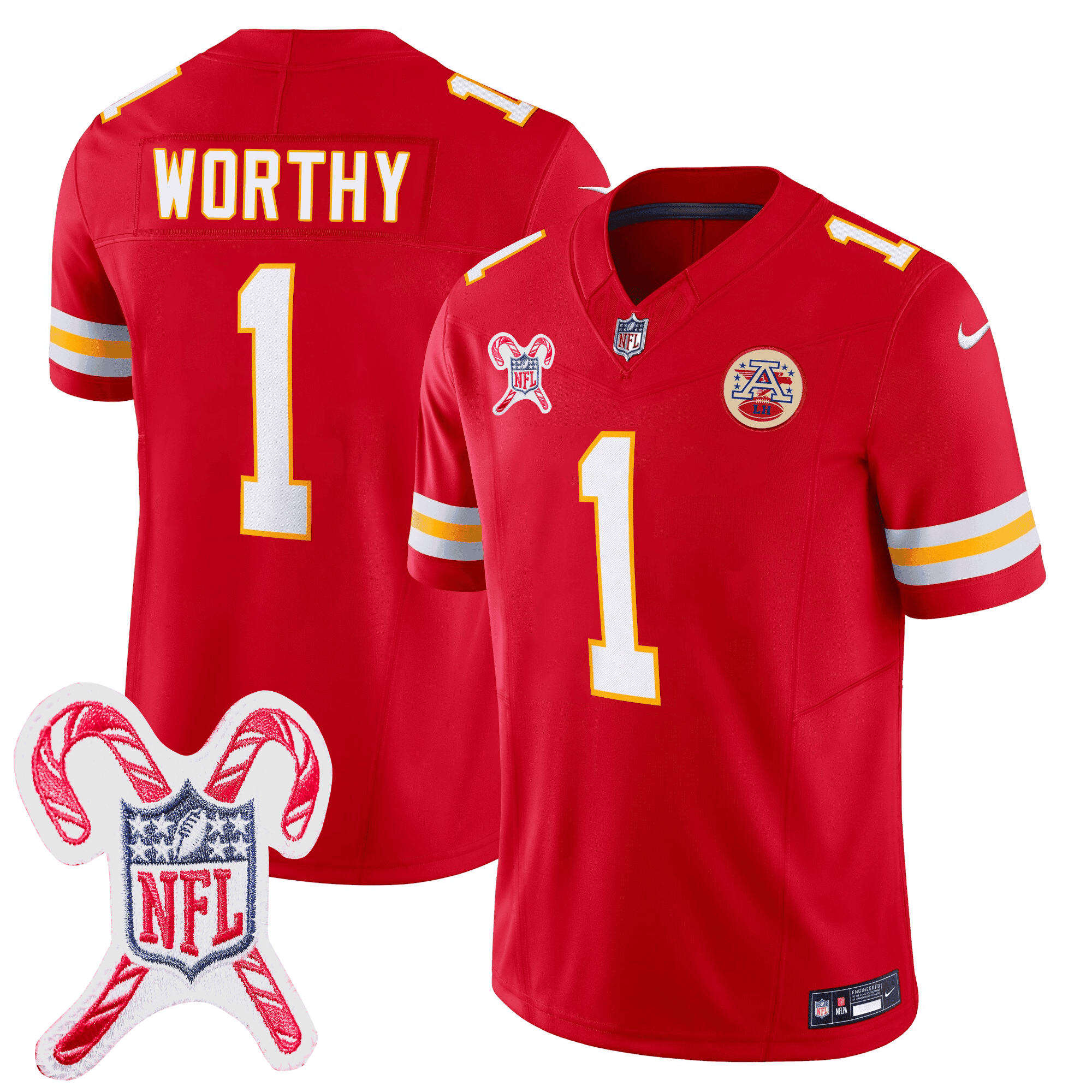 Men’s Kansas City Chiefs Limited Jersey – Christmas Patch – WORTHY – 1 – Red Jersey