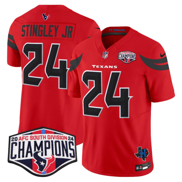 Houston Texans 2024 AFC South Division Champions Patch Vapor Limited Jersey – All Stitched – Red – Derek Stingley Jr. Jersey