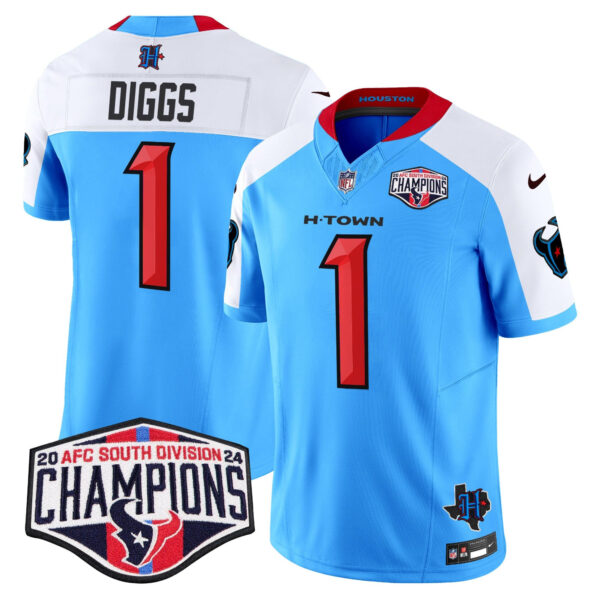 Houston Texans 2024 AFC South Division Champions Patch Vapor Limited Jersey – All Stitched – Blue Alternate – Stefon Diggs Jersey