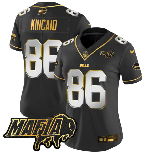 Women’s Buffalo Bills 2024 Bills Mafia Patch Gold Vapor Limited Jersey – All Stitched – Black Limited – Dalton Kincaid Jersey