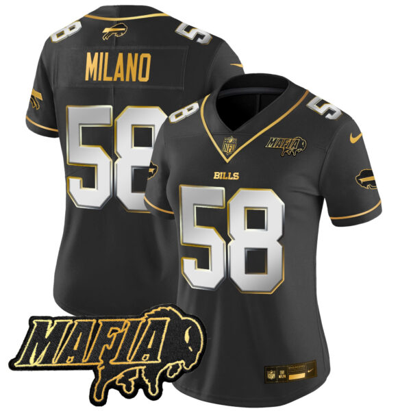Women’s Buffalo Bills 2024 Bills Mafia Patch Gold Vapor Limited Jersey – All Stitched – Black Limited – Matt Milano Jersey