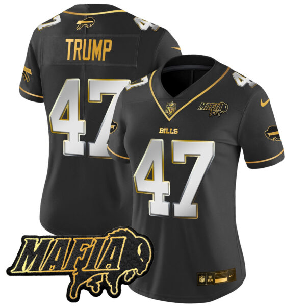 Women’s Buffalo Bills 2024 Bills Mafia Patch Gold Vapor Limited Jersey – All Stitched – Black Limited – Donald Trump Jersey