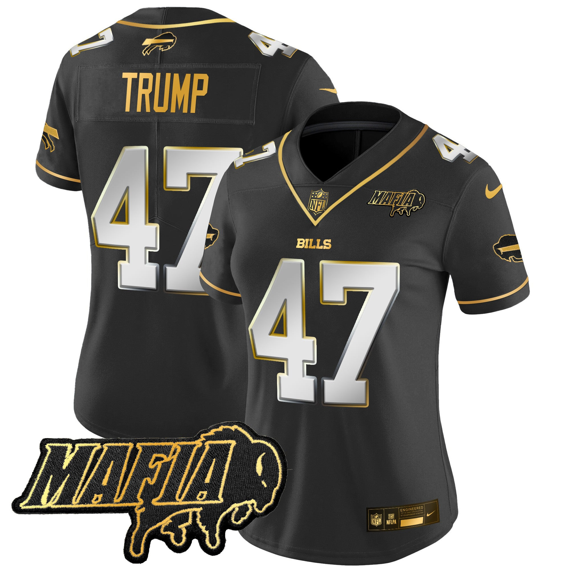 Women’s Buffalo Bills 2024 Bills Mafia Patch Gold Vapor Limited Jersey – All Stitched – Black Limited – Donald Trump Jersey