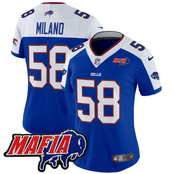 Women’s Buffalo Bills 2024 Bills Mafia Patch Vapor Limited Jersey – All Stitched – Royal Alternate – Matt Milano Jersey