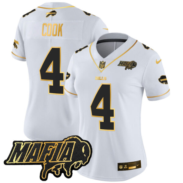 Women’s Buffalo Bills 2024 Bills Mafia Patch Gold Vapor Limited Jersey – All Stitched – White Gold – James Cook Jersey