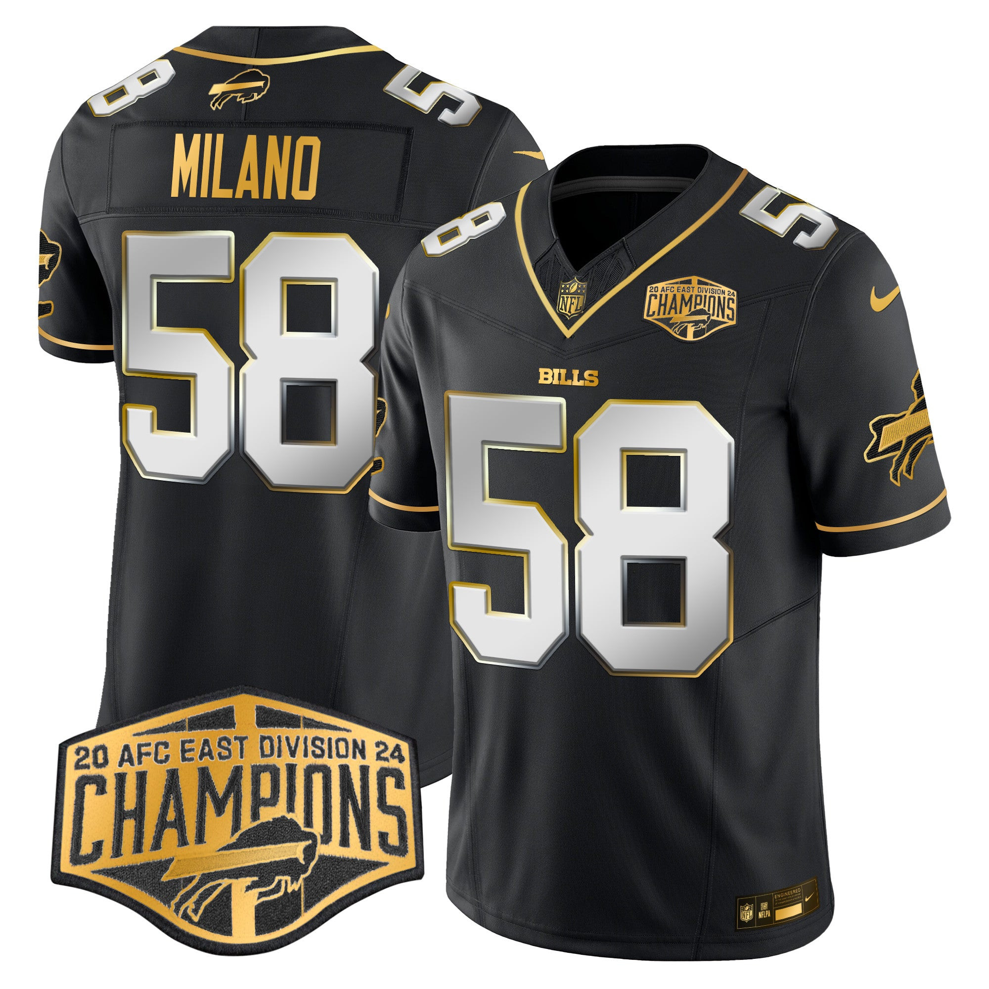 Bills 2024 AFC East Division Champions Gold Vapor Limited Jersey – All Stitched – Black Limited – Matt Milano Jersey
