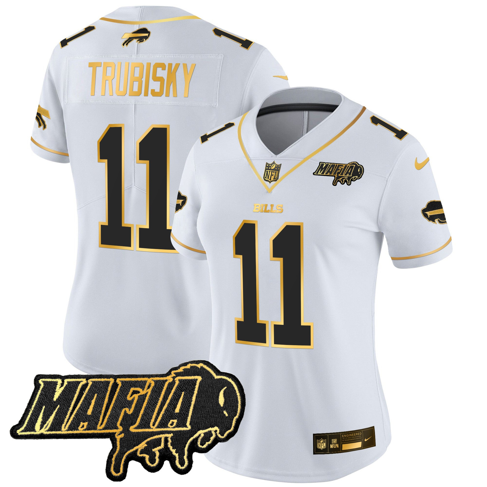Women’s Buffalo Bills 2024 Bills Mafia Patch Gold Vapor Limited Jersey – All Stitched – White Gold – Mitchell Trubisky Jersey