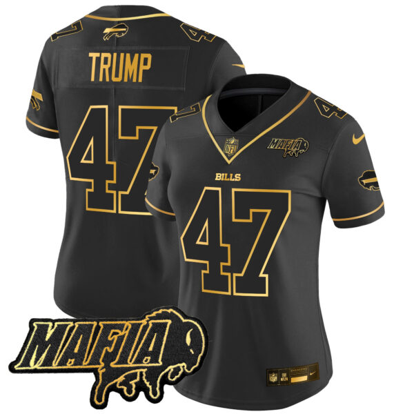 Women’s Buffalo Bills 2024 Bills Mafia Patch Gold Vapor Limited Jersey – All Stitched – Black Gold – Donald Trump Jersey