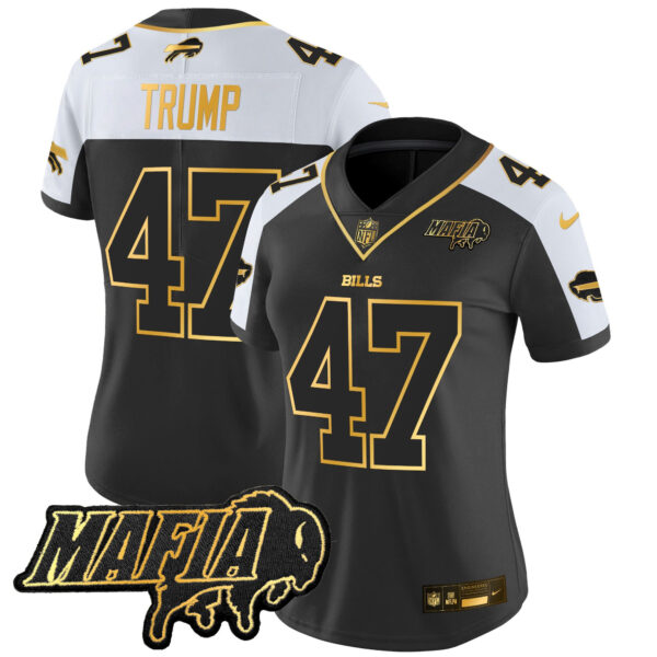 Women’s Buffalo Bills 2024 Bills Mafia Patch Gold Vapor Limited Jersey – All Stitched – Alternate – Donald Trump Jersey