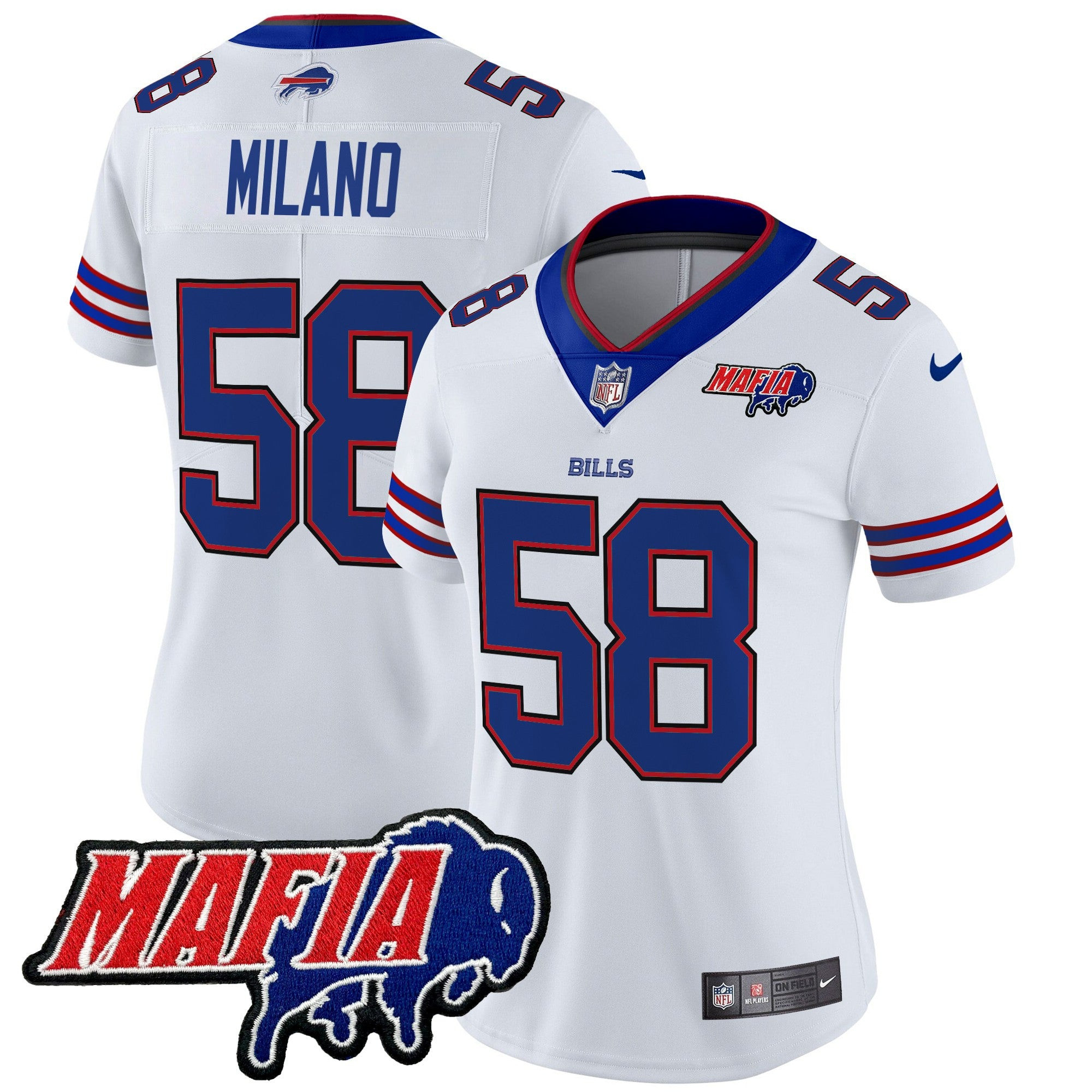 Women’s Buffalo Bills 2024 Bills Mafia Patch Vapor Limited Jersey – All Stitched – White – Matt Milano Jersey