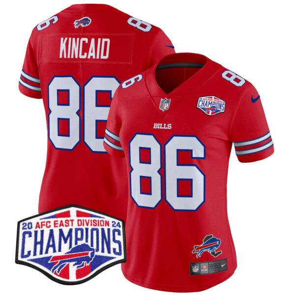 Women’s Bills 2024 AFC East Division Champions Vapor Limited Jersey – All Stitched – Red – Dalton Kincaid Jersey