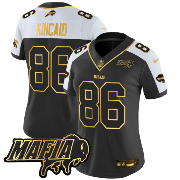 Women’s Buffalo Bills 2024 Bills Mafia Patch Gold Vapor Limited Jersey – All Stitched – Alternate – Dalton Kincaid Jersey
