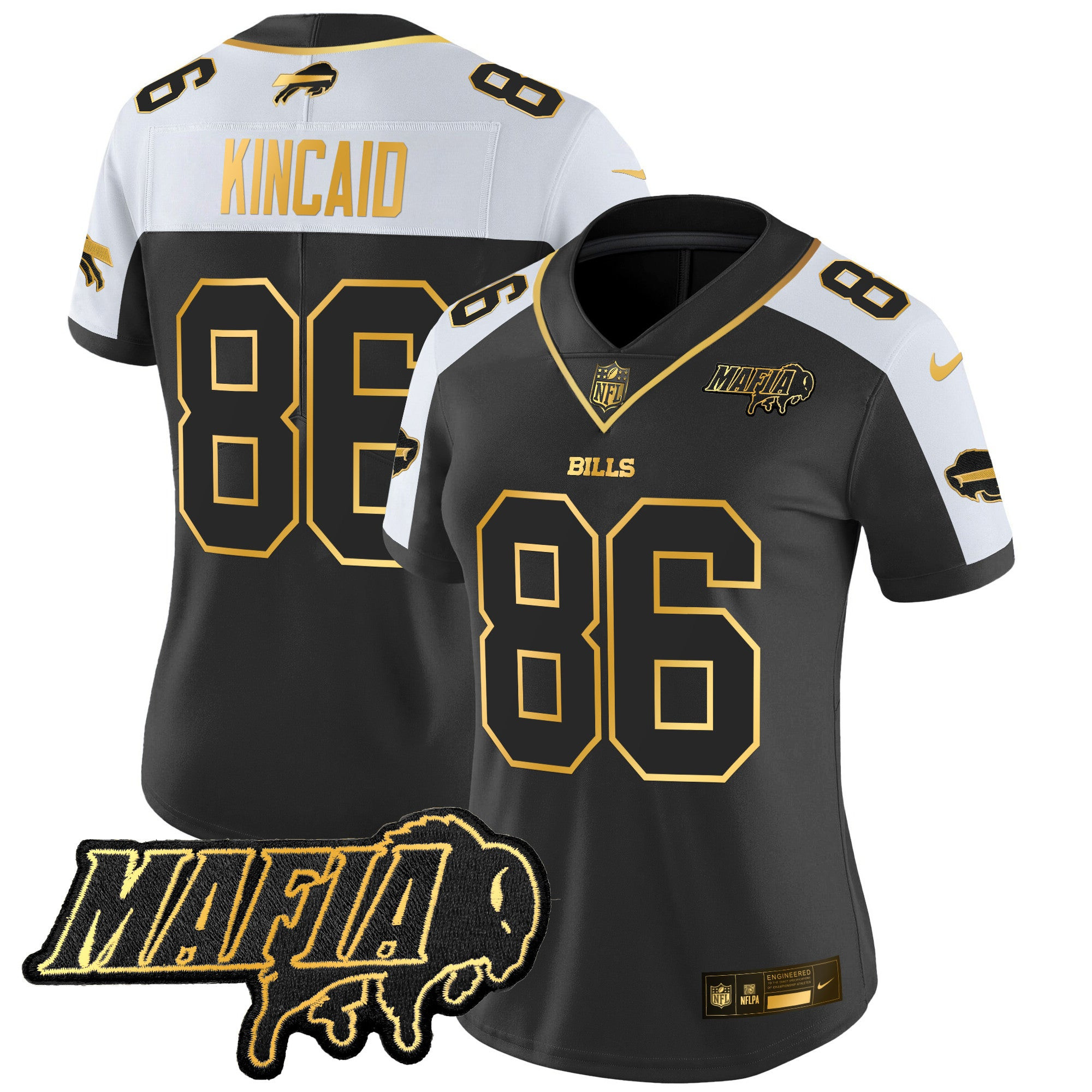 Women’s Buffalo Bills 2024 Bills Mafia Patch Gold Vapor Limited Jersey – All Stitched – Alternate – Dalton Kincaid Jersey