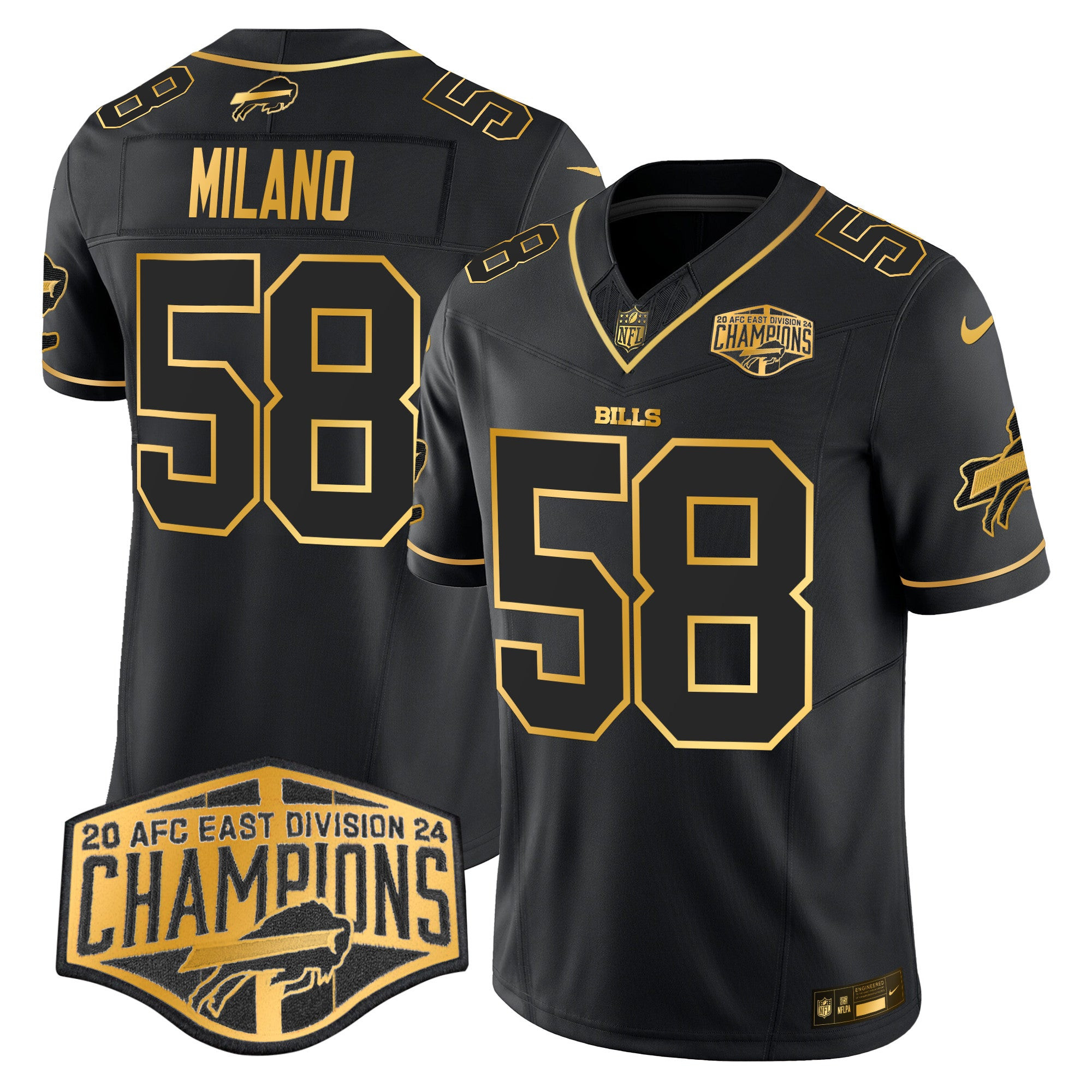 Bills 2024 AFC East Division Champions Gold Vapor Limited Jersey – All Stitched – Black Gold – Matt Milano Jersey