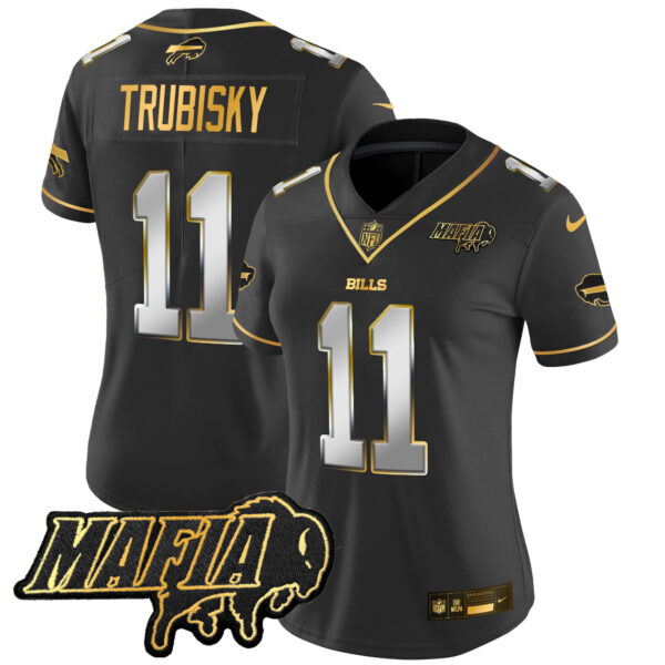 Women’s Buffalo Bills 2024 Bills Mafia Patch Gold Vapor Limited Jersey – All Stitched – Black Limited – Mitchell Trubisky Jersey