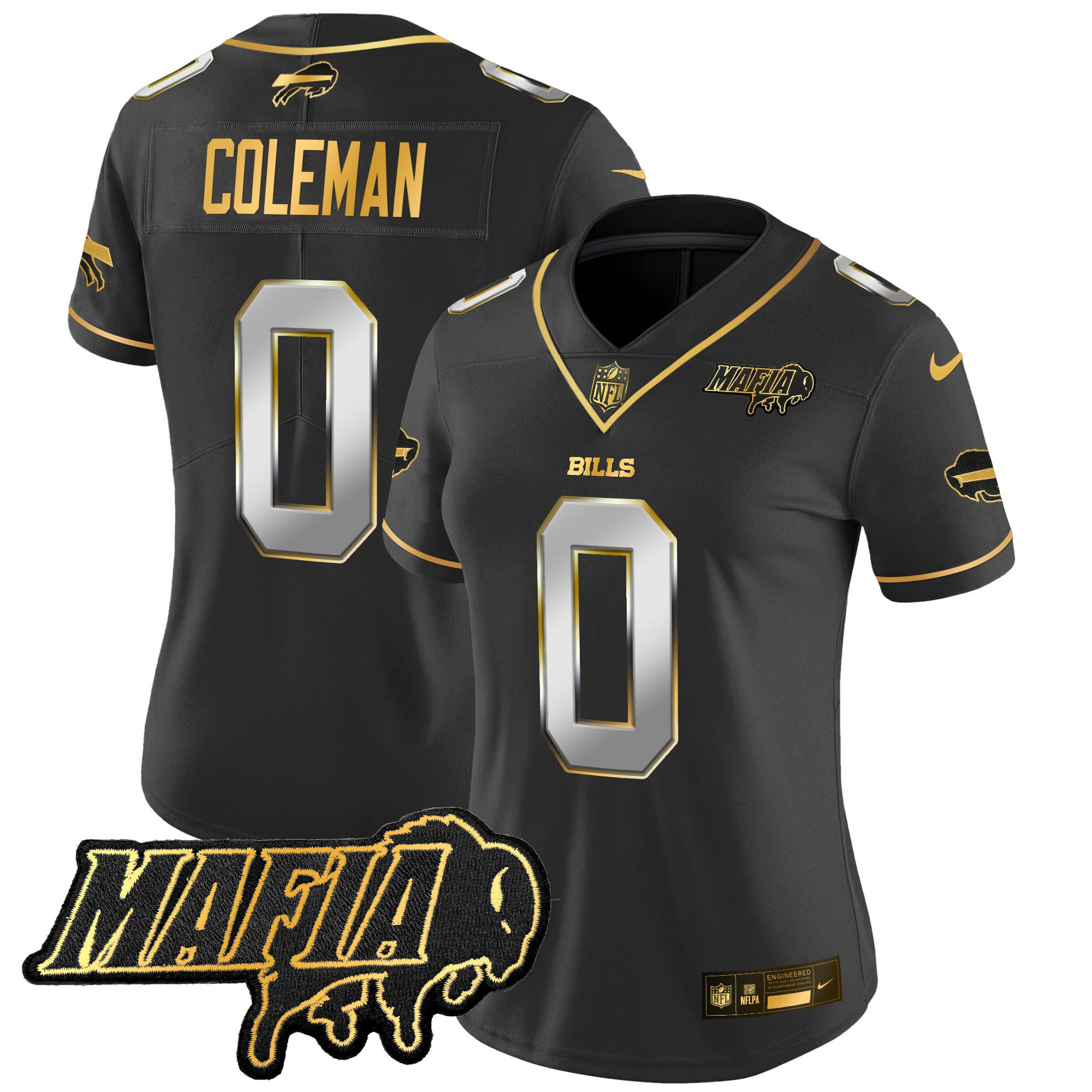Women’s Buffalo Bills 2024 Bills Mafia Patch Gold Vapor Limited Jersey – All Stitched – Black Limited – Keon Coleman Jersey