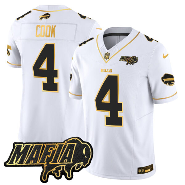 Buffalo Bills 2024 Bills Mafia Patch Gold Vapor Limited Jersey – All Stitched – White Gold – James Cook Jersey