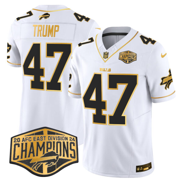 Bills 2024 AFC East Division Champions Gold Vapor Limited Jersey – All Stitched – White Gold – Donald Trump Jersey