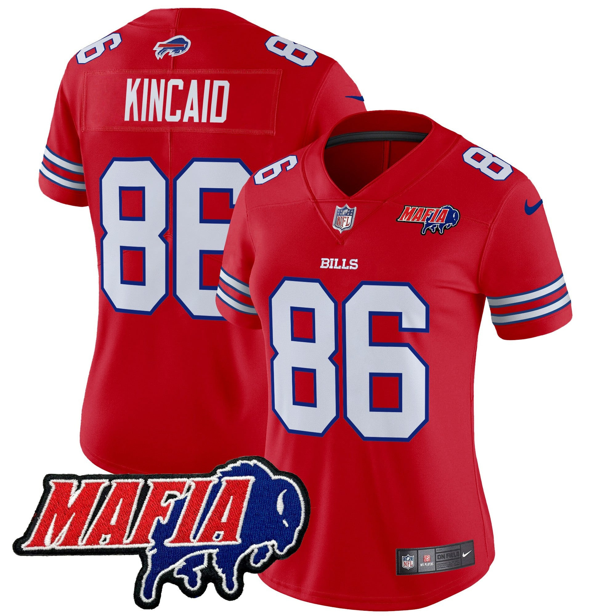 Women’s Buffalo Bills 2024 Bills Mafia Patch Vapor Limited Jersey – All Stitched – Red – Dalton Kincaid Jersey