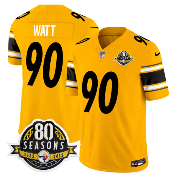 Pittsburgh Steelers 80th Anniversary Patch Vapor Limited Jersey – All Stitched – Gold – T. J. Watt Jersey