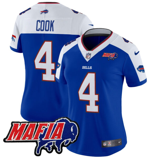 Women’s Buffalo Bills 2024 Bills Mafia Patch Vapor Limited Jersey – All Stitched – Royal Alternate – James Cook Jersey