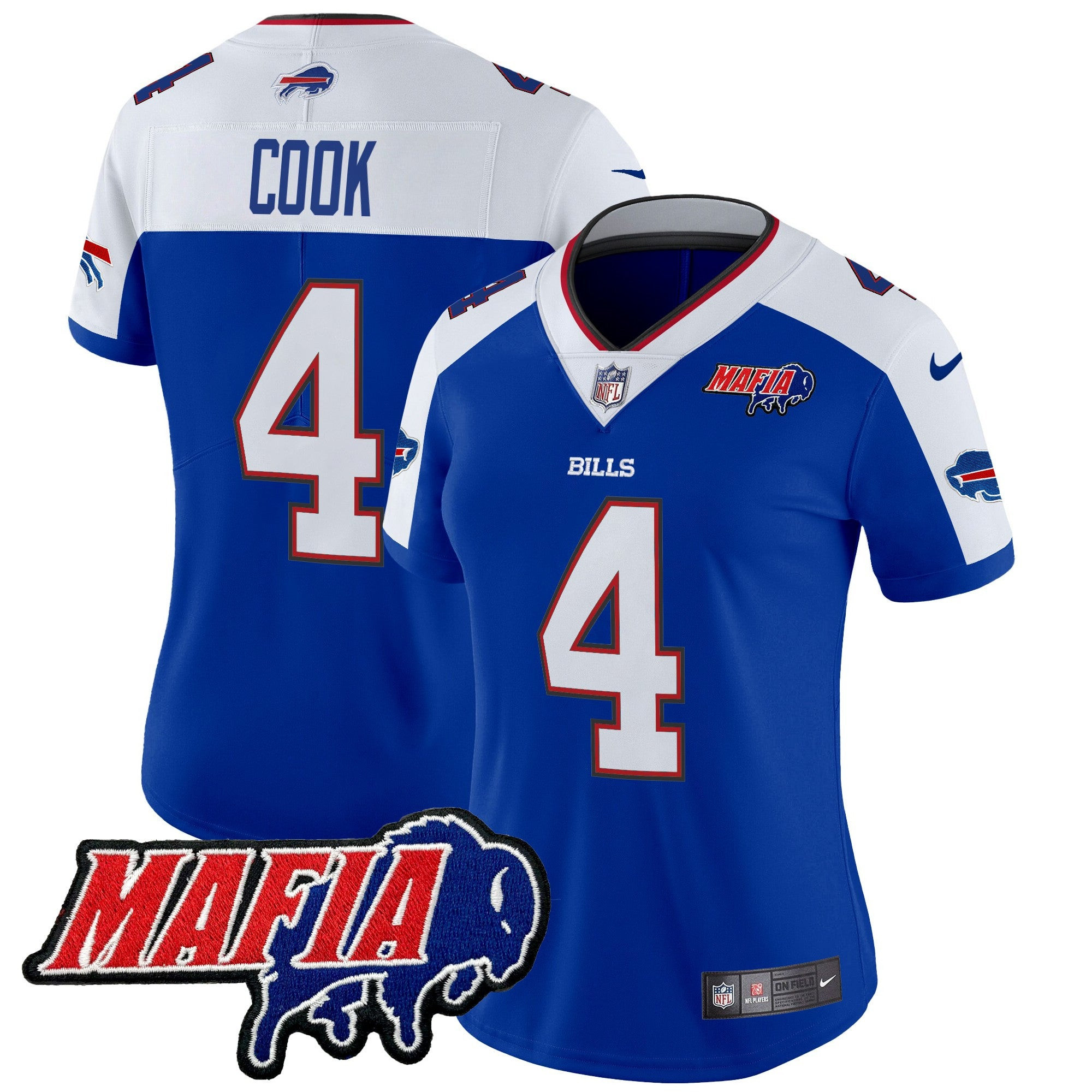 Women’s Buffalo Bills 2024 Bills Mafia Patch Vapor Limited Jersey – All Stitched – Royal Alternate – James Cook Jersey