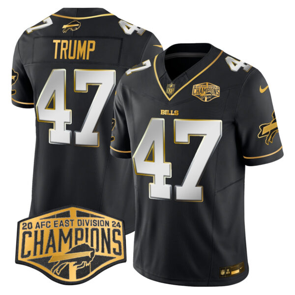 Bills 2024 AFC East Division Champions Gold Vapor Limited Jersey – All Stitched – Black Limited – Donald Trump Jersey