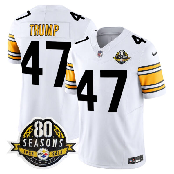 Pittsburgh Steelers 80th Anniversary Patch Vapor Limited Jersey – All Stitched – 1975 White – Donald Trump Jersey