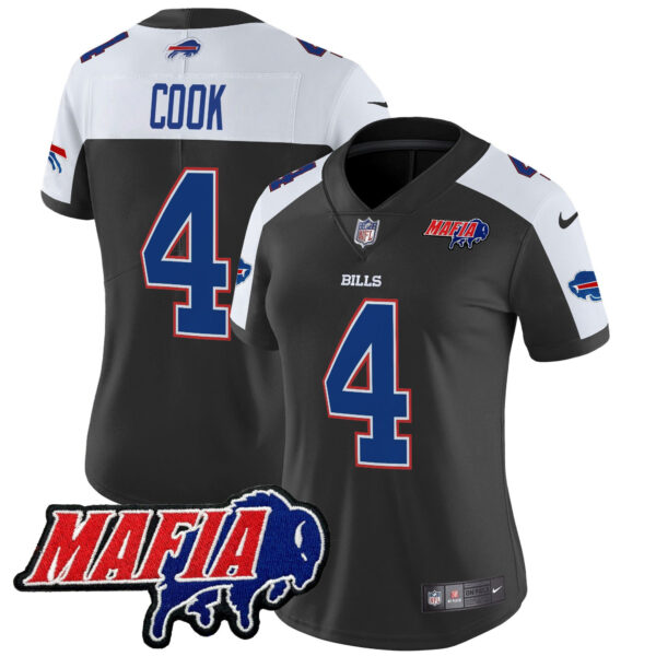 Women’s Buffalo Bills 2024 Bills Mafia Patch Vapor Limited Jersey – All Stitched – Black Alternate – James Cook Jersey