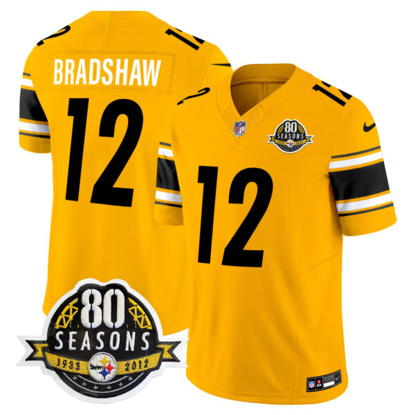 Pittsburgh Steelers 80th Anniversary Patch Vapor Limited Jersey – All Stitched – Gold – Terry Bradshaw Jersey