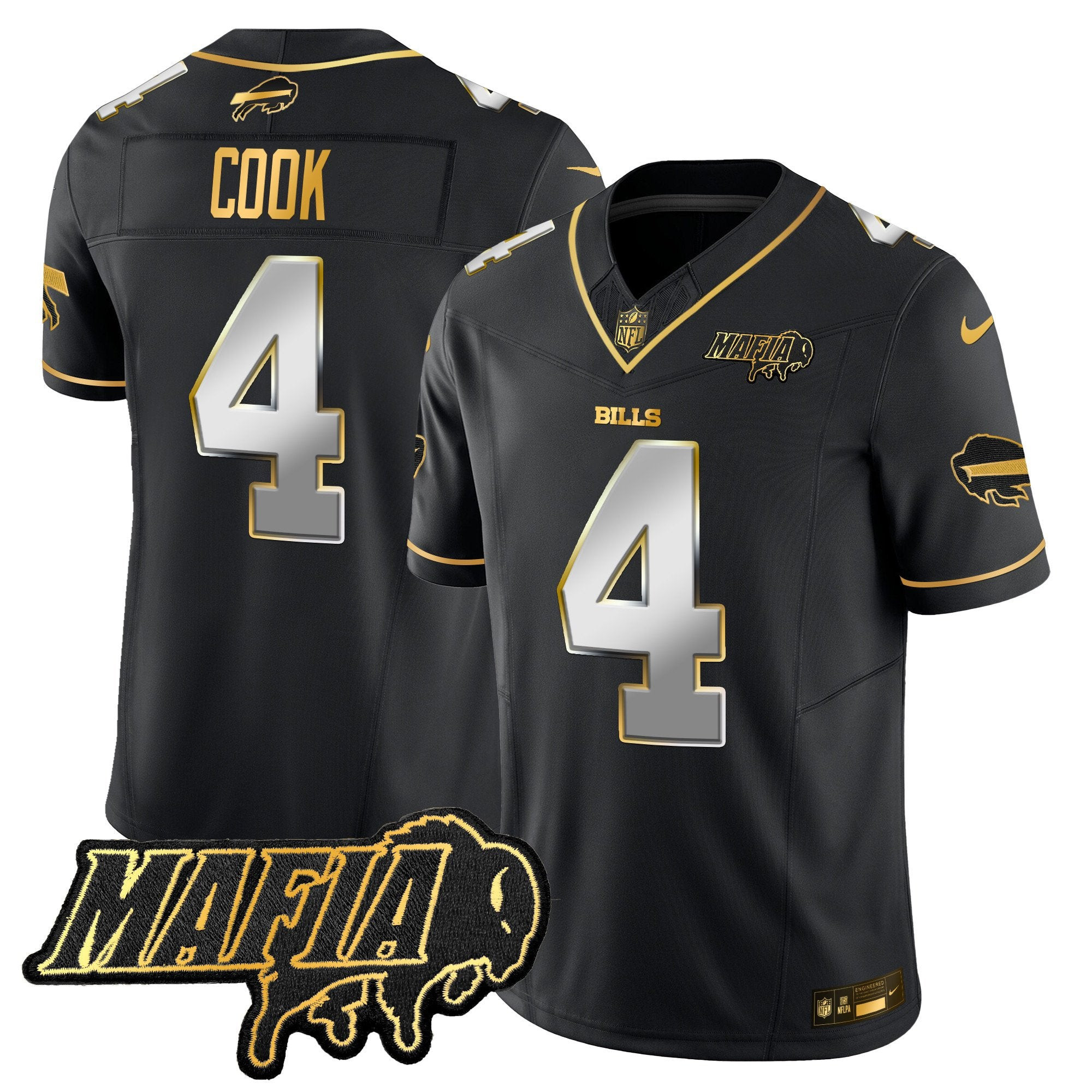 Buffalo Bills 2024 Bills Mafia Patch Gold Vapor Limited Jersey – All Stitched – Black Limited – James Cook Jersey