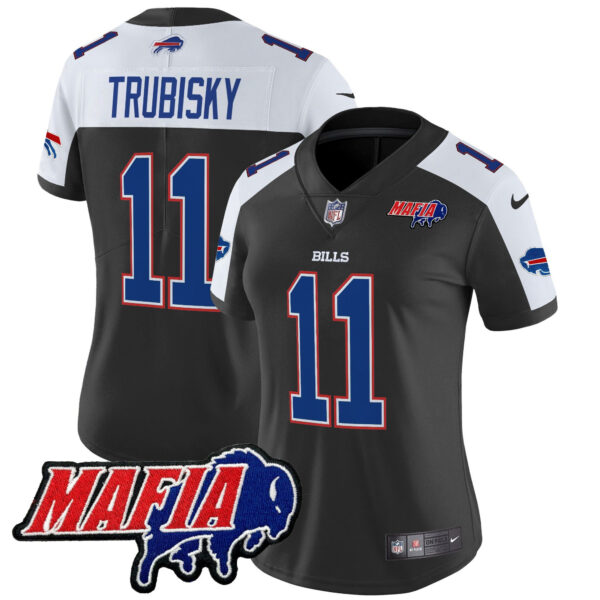 Women’s Buffalo Bills 2024 Bills Mafia Patch Vapor Limited Jersey – All Stitched – Black Alternate – Mitchell Trubisky Jersey
