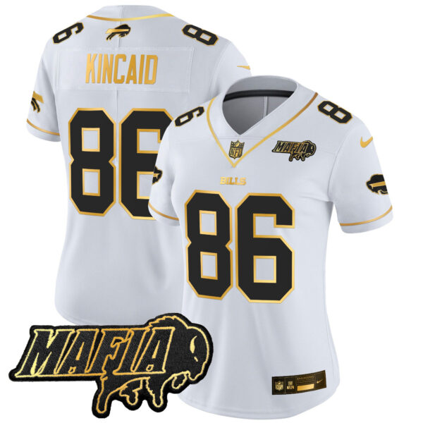 Women’s Buffalo Bills 2024 Bills Mafia Patch Gold Vapor Limited Jersey – All Stitched – White Gold – Dalton Kincaid Jersey