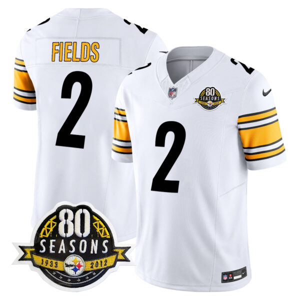 Pittsburgh Steelers 80th Anniversary Patch Vapor Limited Jersey – All Stitched – White – Justin Fields Jersey