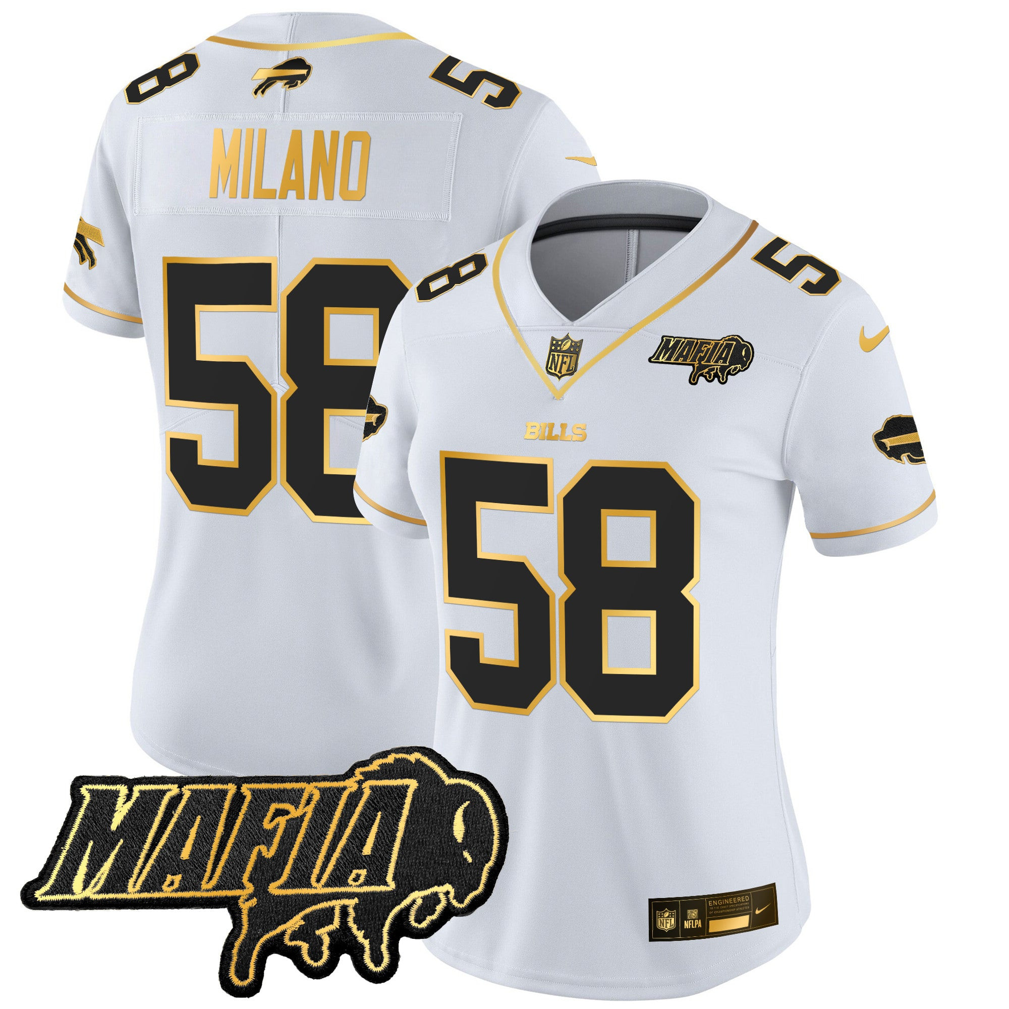 Women’s Buffalo Bills 2024 Bills Mafia Patch Gold Vapor Limited Jersey – All Stitched – White Gold – Matt Milano Jersey
