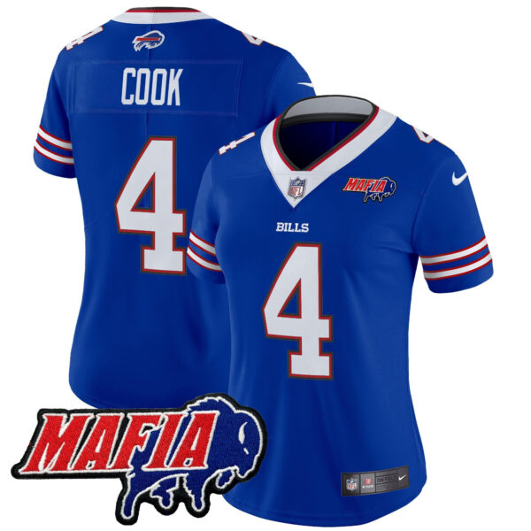 Women’s Buffalo Bills 2024 Bills Mafia Patch Vapor Limited Jersey – All Stitched – Royal – James Cook Jersey