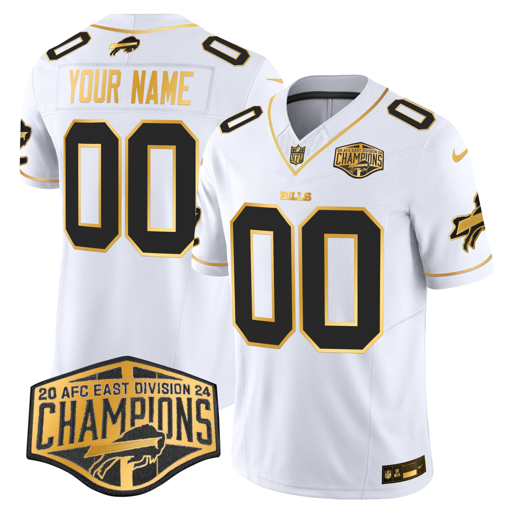 Bills 2024 AFC East Division Champions Gold Vapor Limited Custom Jersey – All Stitched – White Gold Jersey
