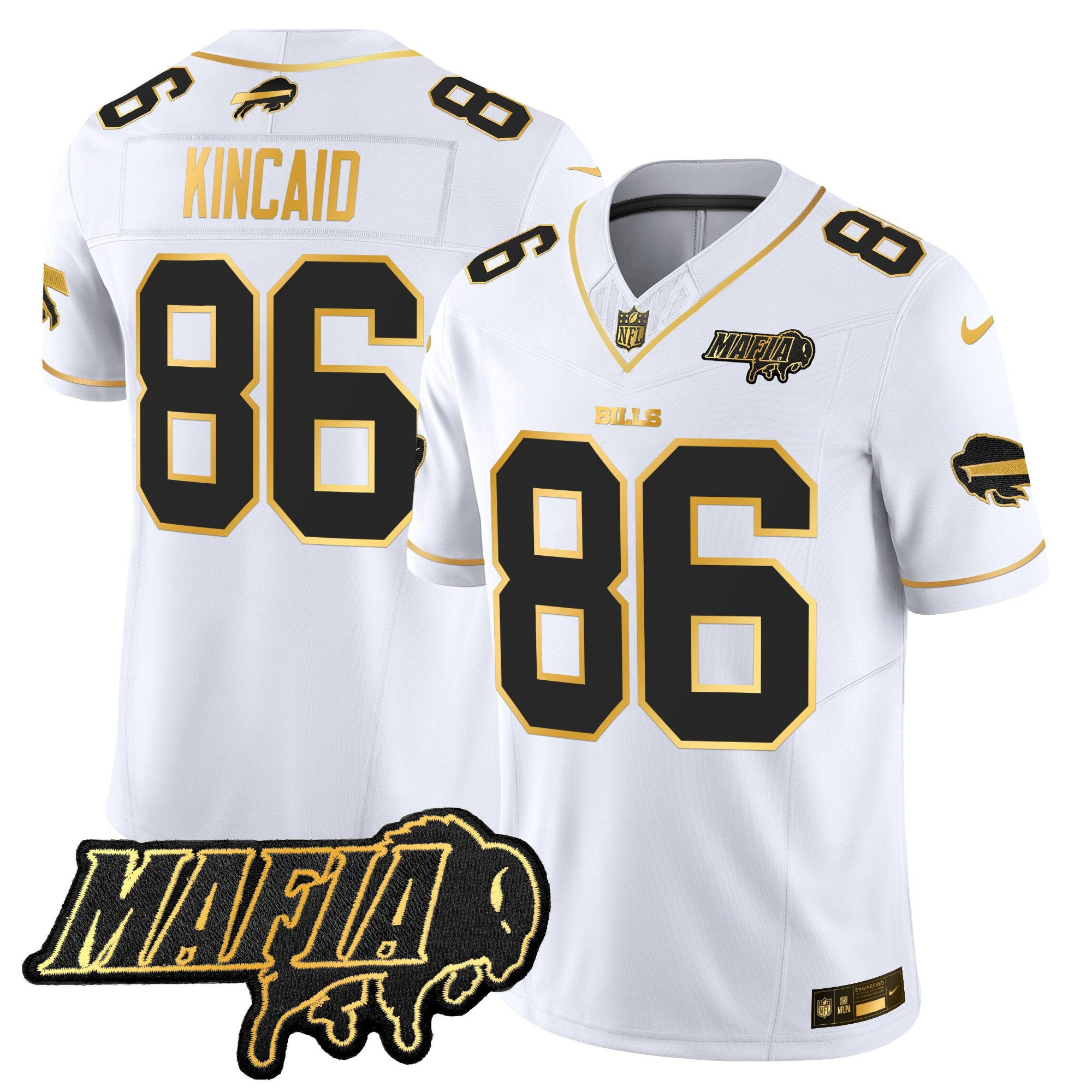 Buffalo Bills 2024 Bills Mafia Patch Gold Vapor Limited Jersey – All Stitched – White Gold – Dalton Kincaid Jersey