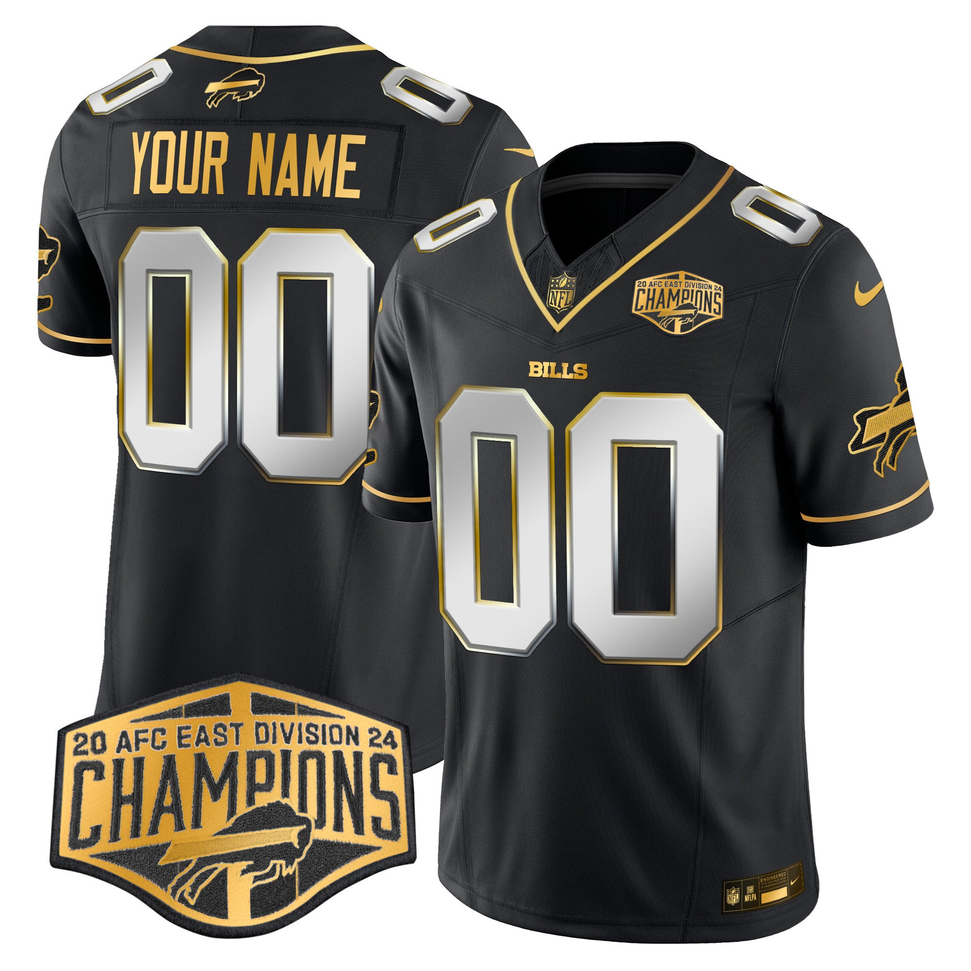 Bills 2024 AFC East Division Champions Gold Vapor Limited Custom Jersey – All Stitched – Black Limited Jersey