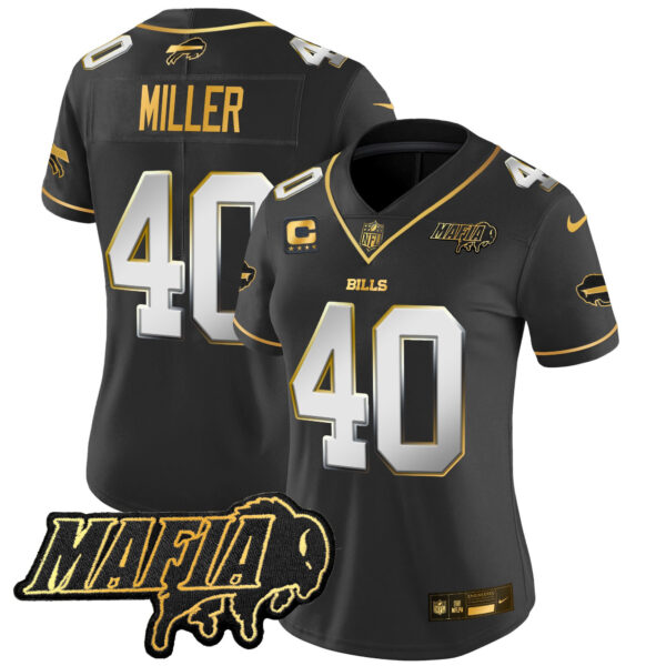 Women’s Buffalo Bills 2024 Bills Mafia Patch Gold Vapor Limited Jersey – All Stitched – Black Limited – Von Miller Jersey