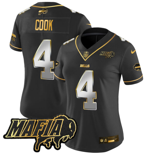 Women’s Buffalo Bills 2024 Bills Mafia Patch Gold Vapor Limited Jersey – All Stitched – Black Limited – James Cook Jersey