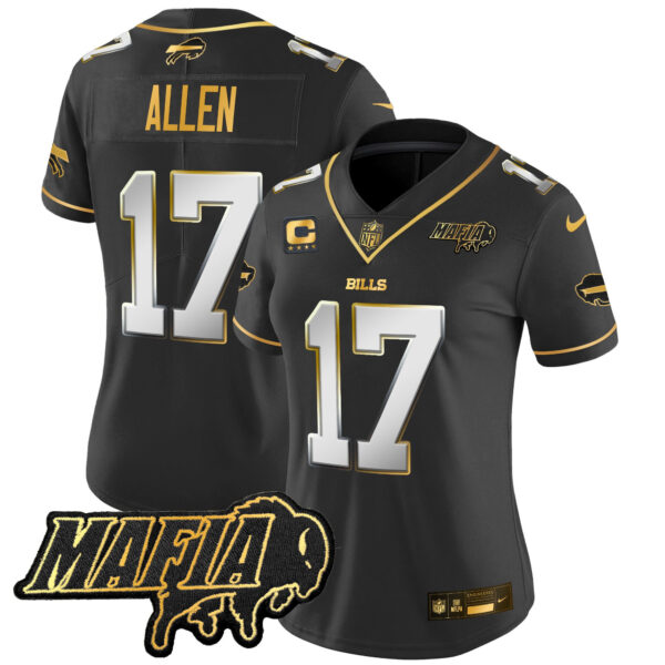 Women’s Buffalo Bills 2024 Bills Mafia Patch Gold Vapor Limited Jersey – All Stitched – Black Limited – Josh Allen Jersey