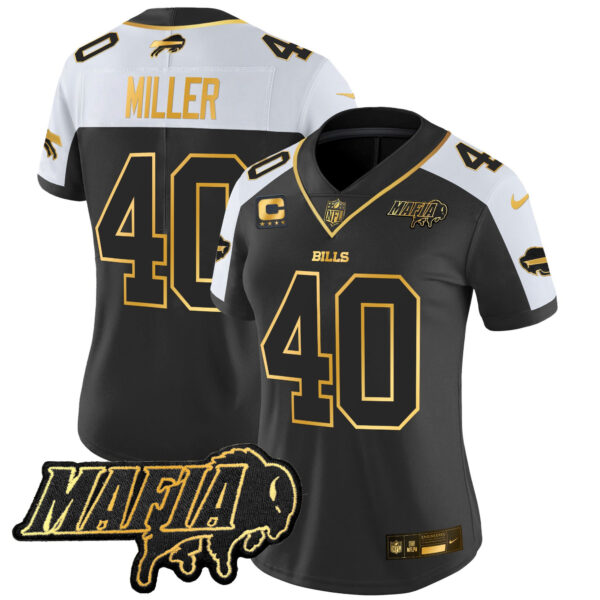 Women’s Buffalo Bills 2024 Bills Mafia Patch Gold Vapor Limited Jersey – All Stitched – Alternate – Von Miller Jersey