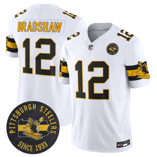 Pittsburgh Steelers Throwback 1933 Patch Vapor Limited Jersey – All Stitched – White – Terry Bradshaw Jersey