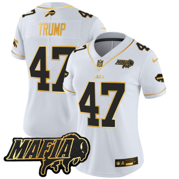 Women’s Buffalo Bills 2024 Bills Mafia Patch Gold Vapor Limited Jersey – All Stitched – White Gold – Donald Trump Jersey