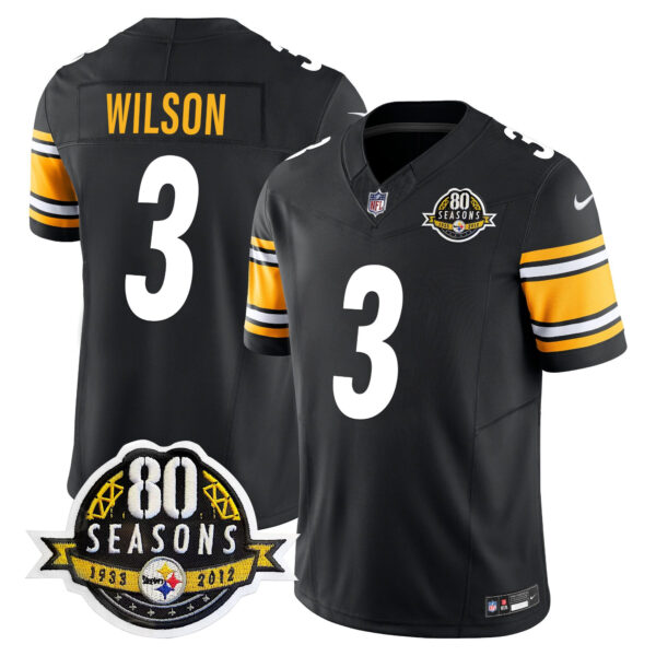 Pittsburgh Steelers 80th Anniversary Patch Vapor Limited Jersey – All Stitched – Black – Russell Wilson Jersey