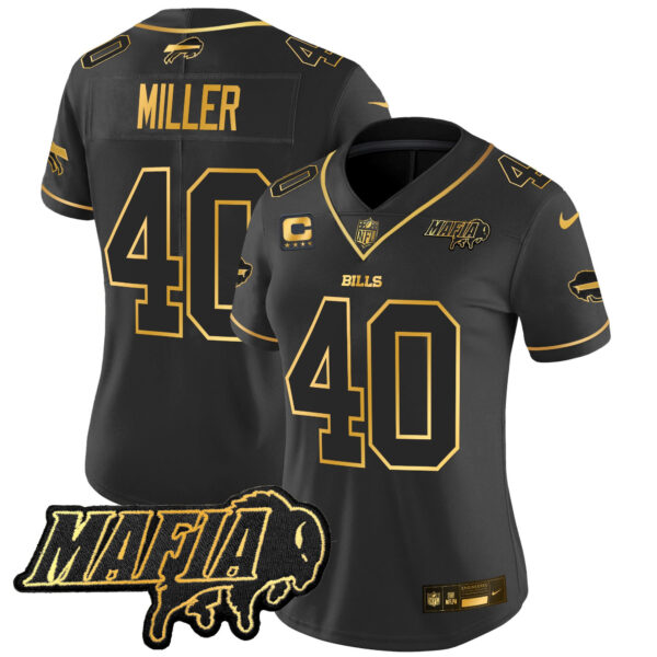 Women’s Buffalo Bills 2024 Bills Mafia Patch Gold Vapor Limited Jersey – All Stitched – Black Gold – Von Miller Jersey