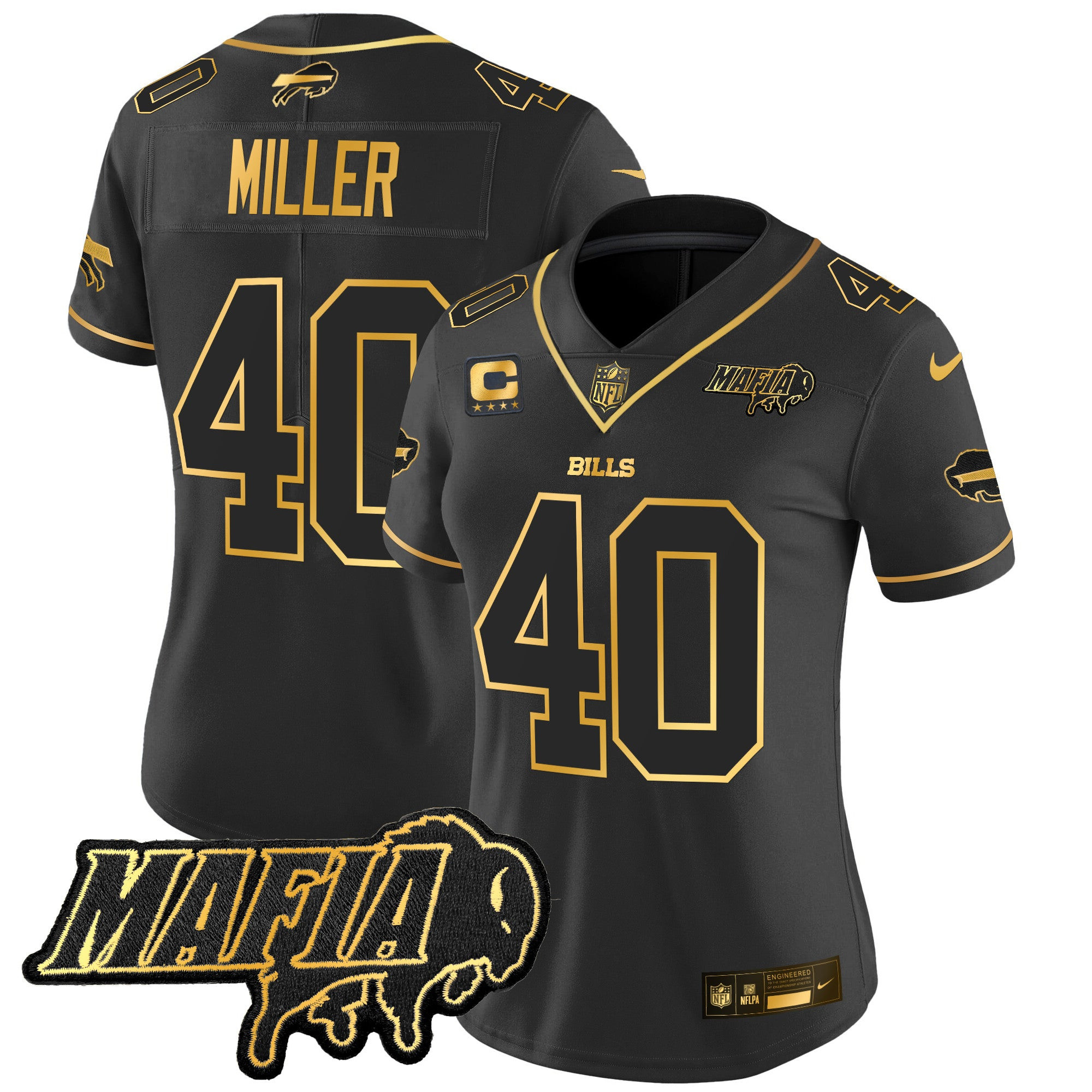 Women’s Buffalo Bills 2024 Bills Mafia Patch Gold Vapor Limited Jersey – All Stitched – Black Gold – Von Miller Jersey