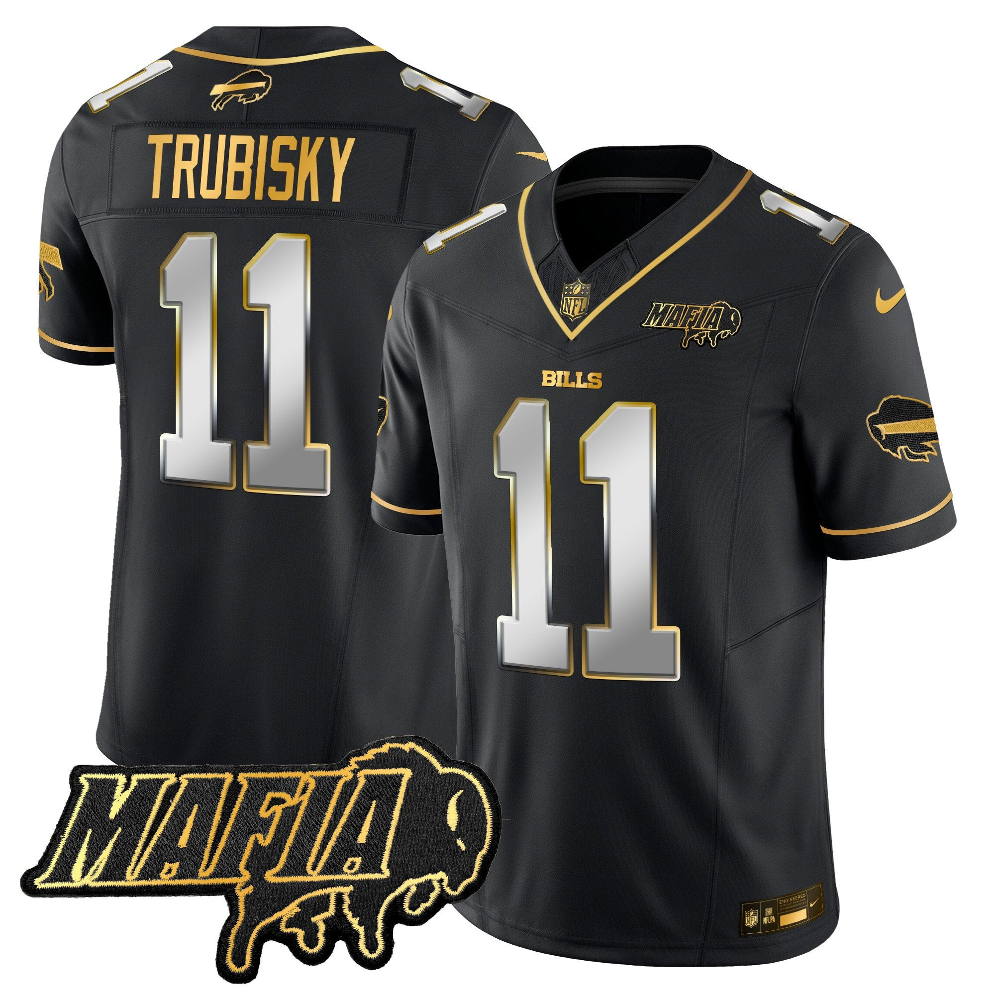 Buffalo Bills 2024 Bills Mafia Patch Gold Vapor Limited Jersey – All Stitched – Black Limited – Mitchell Trubisky Jersey